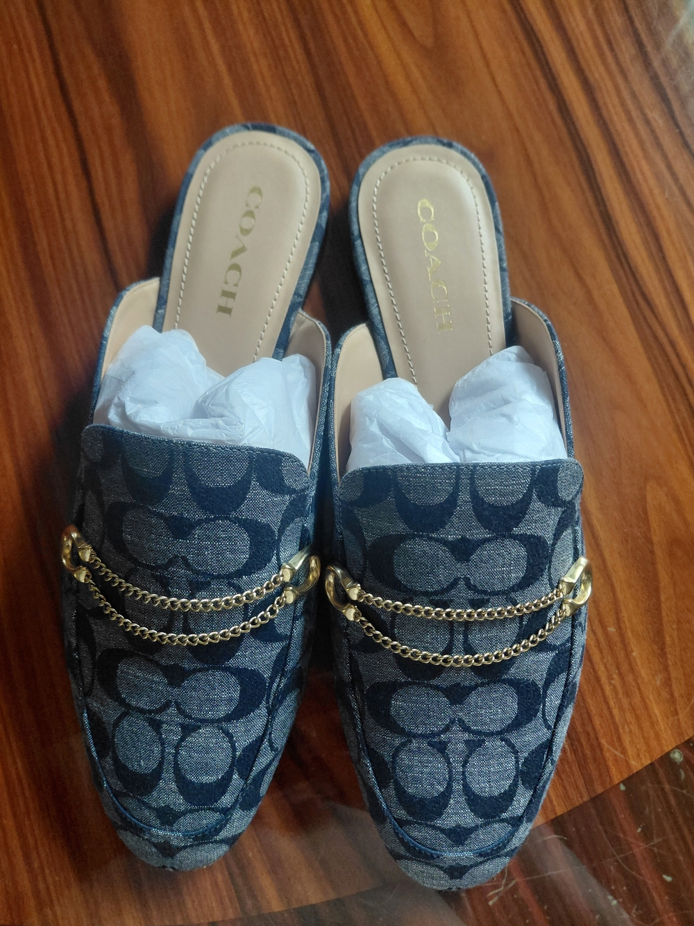 COACH Women's Navy Signature Chain-Trim Mules